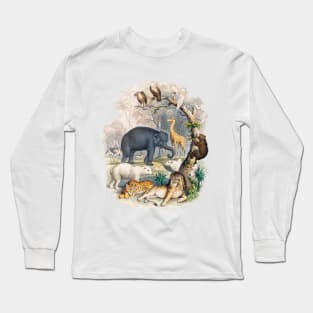 Wild Animals Vintage Illustration Lion Tiger Elephant Vulture Giraffe Long Sleeve T-Shirt